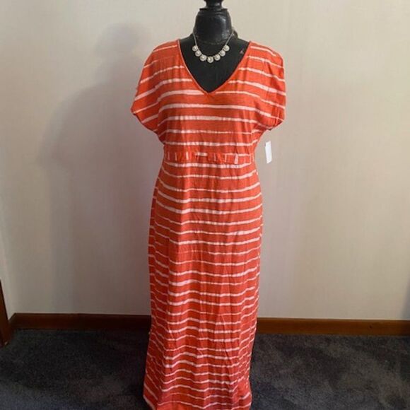 Fresh Produce Orange/White short sleeve v-front and back maxi dress, size M - Picture 1 of 3
